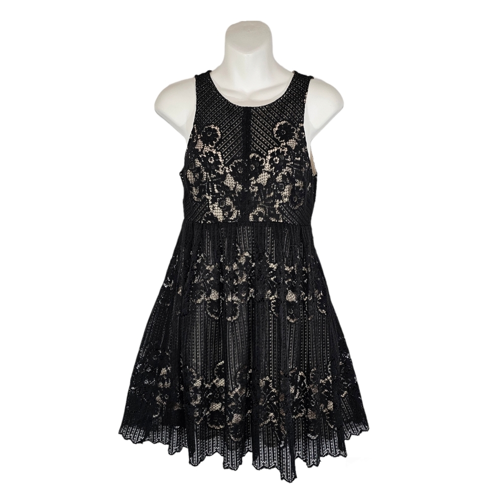 Free People Black Lace Floral Overlay Keyhole Back Fit And Flare Dress Small